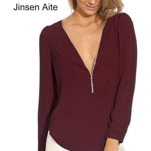 Jinsen Aite New Women Tops Fashion 2019 Summer Style Zipper Casual Regular Solid Chiffon Blouse V Neck Long Sleeved Shirt JS581