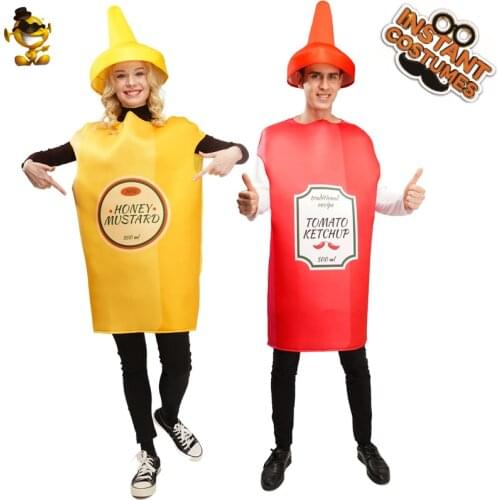 Couple Yellow Mustard Red and Tomato Costume Carnival Cosplay Funny Food Jumpsuit Halloween Fancy Dress Up For Adult Men Women