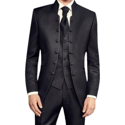 3 Piece Formal Men Suits with Stand Collar Double Breasted Tunic Groom Tuxedo for Wedding Party Black Male Fashion Costume