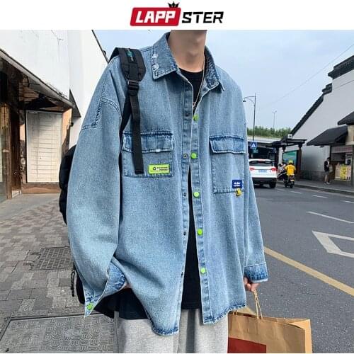 LAPPSTER Men Harajuku Vintage Solid Jeans Jackets 2021 Mens Streetwear Japanese Loose Jackets Male Korean Denim Fashion Jackets