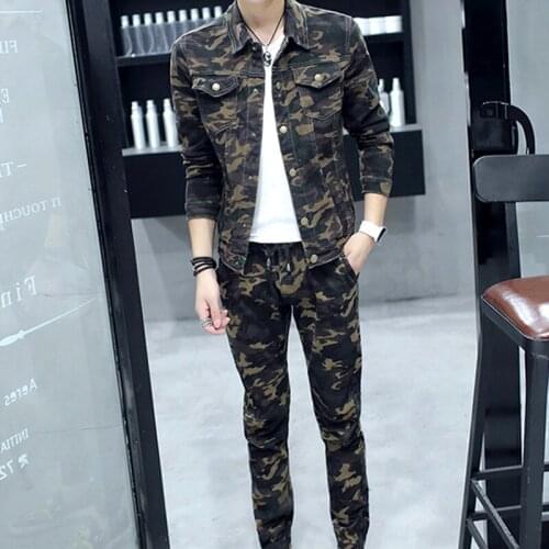 Mens Green Camouflage Long Sleeve Jacket Long Pants 2pcs Set Casual Slim Fit