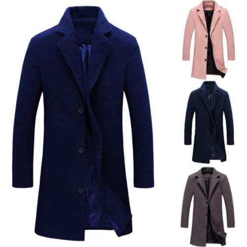 Dropshipping Fashion Men Winter Solid Color Long Woolen Coat Single Breasted Jacket Overcoat