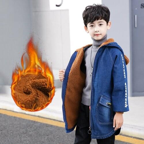 FYH Kids Clothes Winter Boys Warm Denim Coat School Children Thicken Outerwear Teenager Big Boys Fleece Velvet Jean Jacket 5-15Y