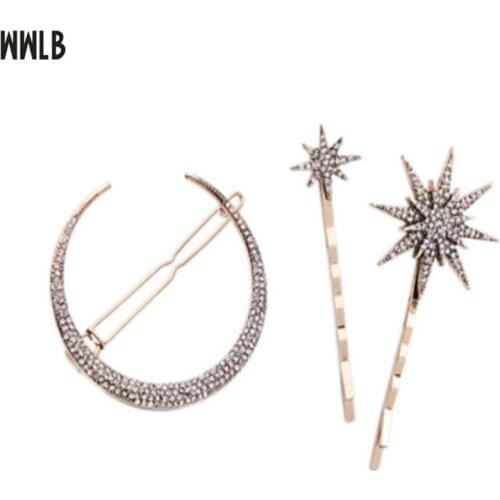 WWLB Brands Unique Design Moon Star Hair Clip Hair Jewelry Rhinestone Hairpins Fashion Gold Barrettes Wedding Hair Accessories