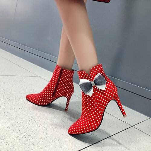YQBTDL Fashion Ladies Heels Stiletto Lolita Shoes Bow Red White Polka Dot Ankle Boots Women Autumn Winter Party High Heel Boot