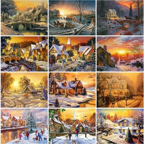 Yumeart DIY Diamond Embroidery House Paint With Diamond Painting Kits Full Drill Winter Landscape Rhinestones Art Handmade Gifts