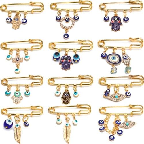 Simple Palm Demon Eye of Fatima Brooch Blue Eye Pin Bohemian Leaf Evil Eye Brooch Jewelry Collar Women Magic Pins for Sewing