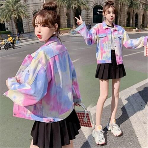 2021 Spring Autumn Fashion New Short Loose Lapel Long Sleeve Tie-Dye Color Gradient Denim Jacket Female Trend H129