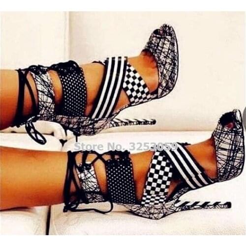 ALMUDENA Women White Black Mixed Color Graffiti Sandals Lace-up Chess Pattern Polka Dot Dress Shoes Stiletto Heel Strappy Pumps
