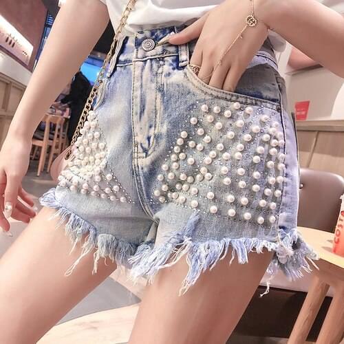 New 2019 Summer Beaded Female Casual Vintage Women Jeans Shorts Tassel Sexy Denim Shorts Boyfriend Jeans Para Mujeres