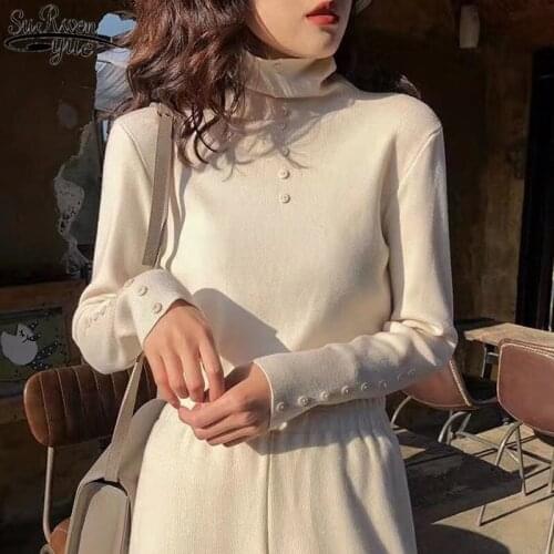2021 New Autumn Winter Solid Color Long Sleeve Womens Sweater Slim Pullover Womens Turtleneck with Buttons Korean Style 11954