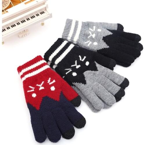 Winter Women Warm Jacquard Stretch Knit Gloves Female Cute Cartoon Cat Accessories Wool Full Finger Gloves Thicken Mittens B46