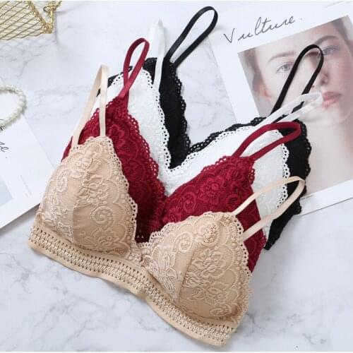2019 new arrival Thin French Style Lace Wireless Triangle Cup Women Lingerie Soft Bra Seamless Underwear Deep V Girls
