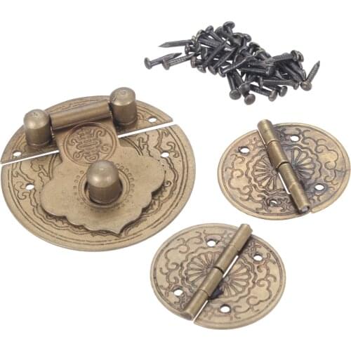 3pcs/kit Antique Brass Hasp Latch Lock+2 Hinge Chinese Style Vintage Mini Clasp Old Fashion European Jewelry Chest Wood Wine Box