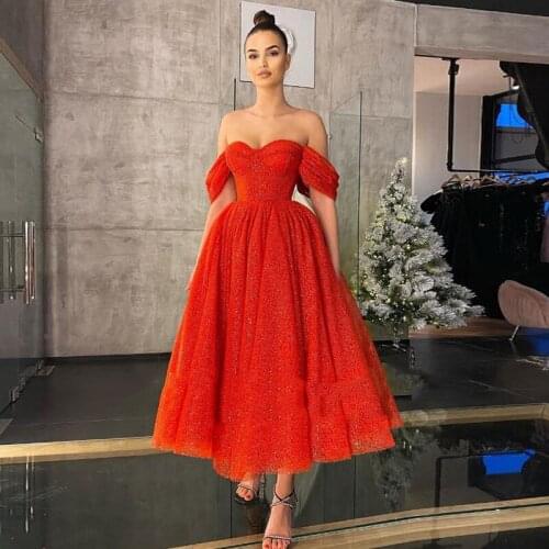 Glitter Prom Dress Off Shoulder Sweetheart Ankle Length Shiny Celebrity Wedding Party Dress for Graduation vestidos de fiesta
