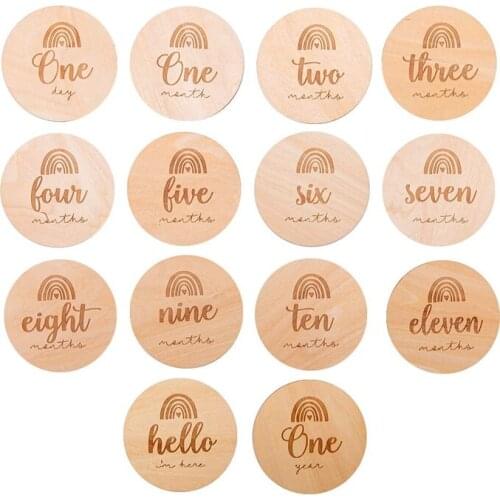 BOGE 14pcs/Set 1-12 Month Handmade Baby Milestone Card Vintage Photography Props Wooden Rainbow Age Cards Newborn Photo