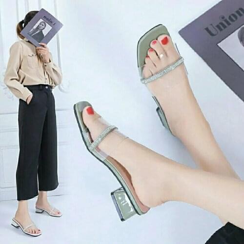 Fashion net celebrity ins sandals female summer wild thick heel shoes female rhinestone soft and comfortable non-slip slippers