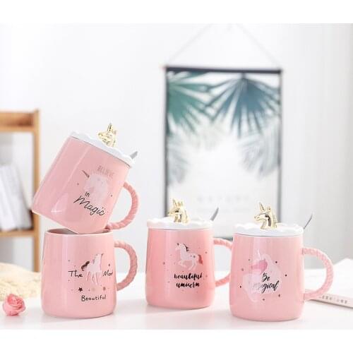Korean-Style Gold Foil Unicorn Net Red Ceramic Cup Pink Girls Heart Mascot Cup with Lid Spoon Student Mug