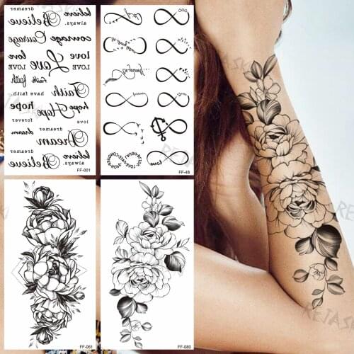 Black Flower Peony Temporary Tattoos For Women Girls Realistic Infinite Flora Fake Tattoo Sticker Arm Body Tatoos Rose Forearm