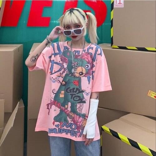 T Shirt Women Summer Lovers Wear Japanese Harajuku Style Comic Graffiti Top Loose Short Sleeved Unisex Tshirt Female Student Top