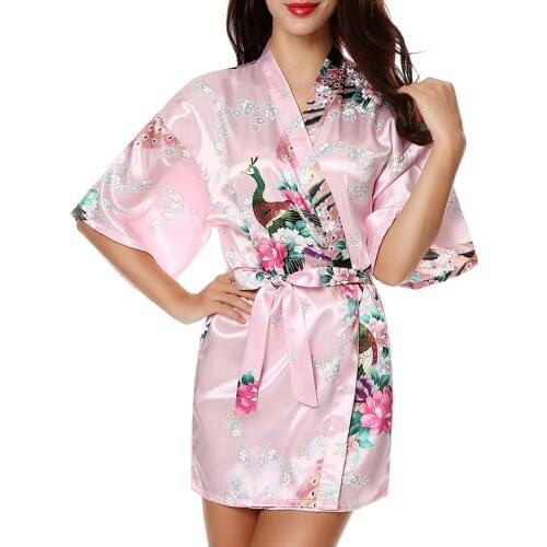 Womens Bridesmaid Pink Robe Short Floral Wedding Robe Satin Floral Kimono Bathrobe for Bridal Wedding Party