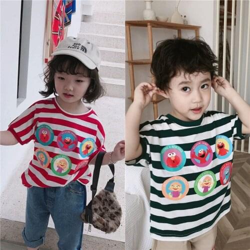 Tonytaobaby New Summer Fashion Baby Boys and Girls Striped Knitted Cartoon Cute Print Cotton T-shirt