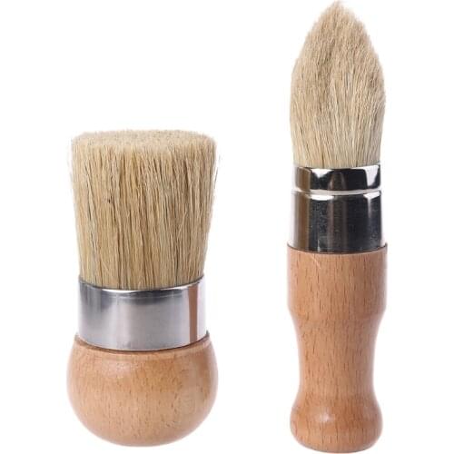 Round Pointed Brush Chalk Paint Wax Wood Handle Bristle Painting paintbrush 2pcs