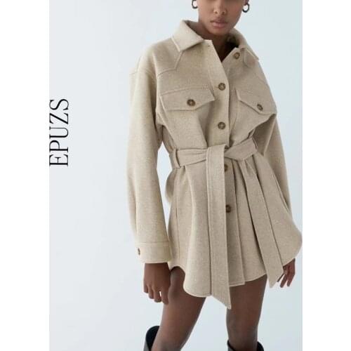 Za Women 2020 Fashion With Belt Loose Woolen Jacket Vintage Long Sleeve Side Pockets Female Outerwear Chic Overcoat