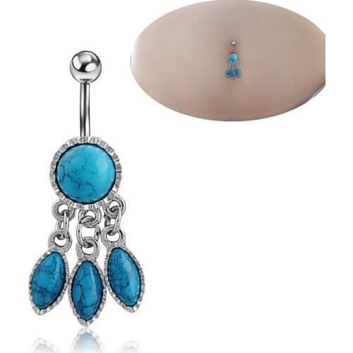 Hot Sale Vintage Stone Charm Stainless Steel Belly Button Fashion Surgical Steel Dangle Belly Navel Piercing Ring