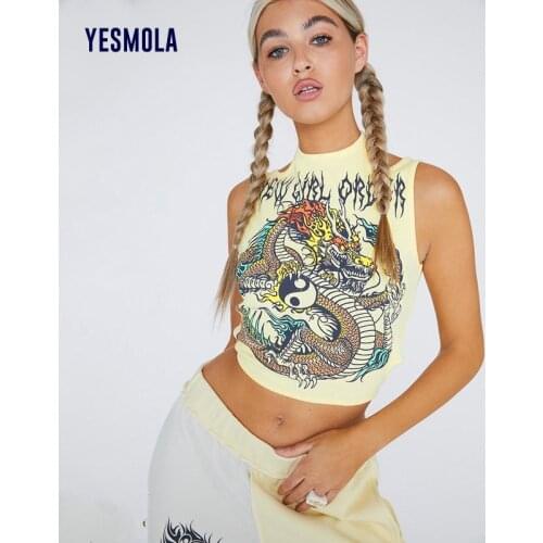 YESMOLA Y2k Shirt Sleeveless Half High Collar Bandage Printed Tank Tops Women Sexy Slim Streetwear Sexy Navel Revealing