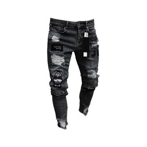 Mens Biker Ripped Jeans Skinny Slim Fit Denim Pant With Patches Destroyed Frayed Trousers Hole Embroidered Cartoon Pants