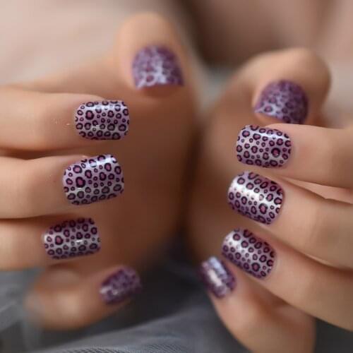 Kids Nail Art Tips Purple Pink Leopard Pattern Girl False Nails Small Size Students Gift