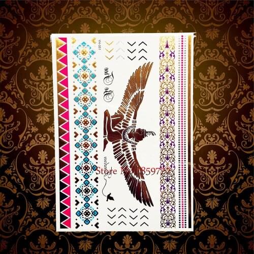 Brand New Gold Angel Wings Flash Tattoo Body Art Arm Sleeve Fake Tattoo Stickers Henna Big Fairy Hawk Eagle Freedom Indian Totem