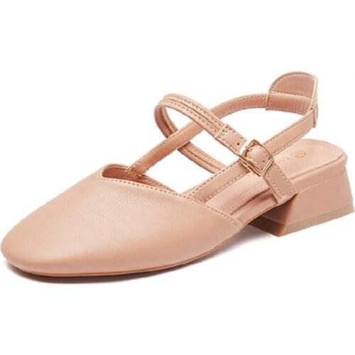 Korean version of the new Baotou hollow low-heeled sandals simple and versatile square toe comfortable womens single shoes