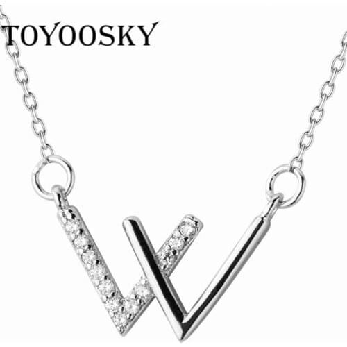 Real 925 Sterling Silver Simple W Letter Pendant Necklaces With Cubic Zirconia Fashion Jewelry