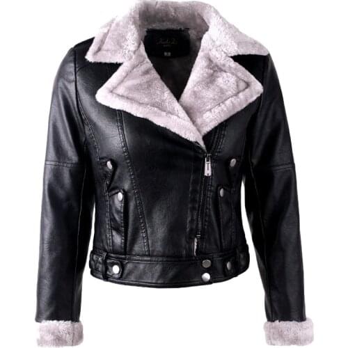 2020 Womens Autumn Winter Pu Leather Jacket Turn Down Collar Plus Velvet Plus Size Biker Jackets Black Casual Female Outwear