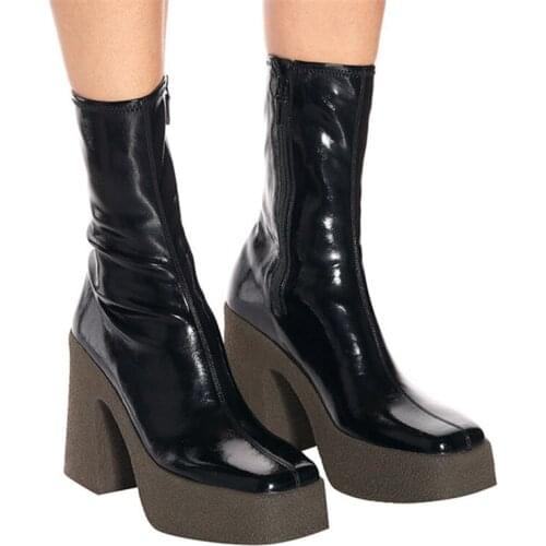 2021 Fashion Thick Sole Platform Shoes Women Ankle Boots Chunky High Heel Short Booties Slim Fit Sock Boots Autumn Botas Mujer