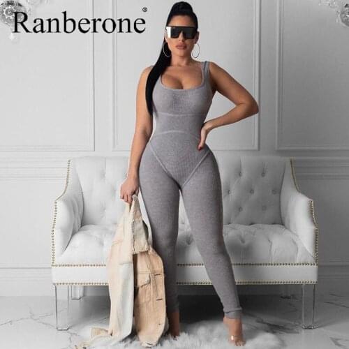 Ranberone Women Solid Sportwear Rompers Jumpsuit Female Fitness Streetwear Outfit Low Neck Tracksuit Elastic Hight Womenswear