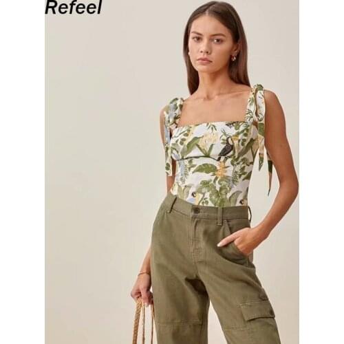 France Green Leaf Bird Print Women Crop Top Chic Adjust Spaghetti Straps Camis Sexy Elastic Women Tank Top