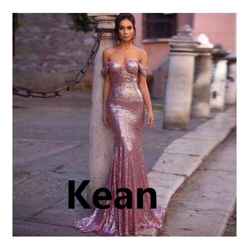 Deep V Off Shoulder Sequins Evening Dresses Mermaid Pink robe de soiree Evening Gowns Prom Dress Vestidos De Festa