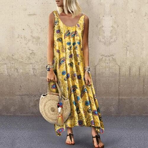 Woman dress Vintage Sleeveless Round Neck Floral Printed Beach Party Loose Long Dress summer dress платья vestido de mujer 2020