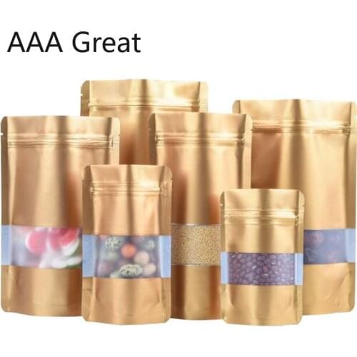 100Pcs/Lot Gold Stand Up Zip Lock Bag Golden Aluminum Foil Zipper Bag Window Matte Food Cand Storage Doypack Mylar Pouches Bags