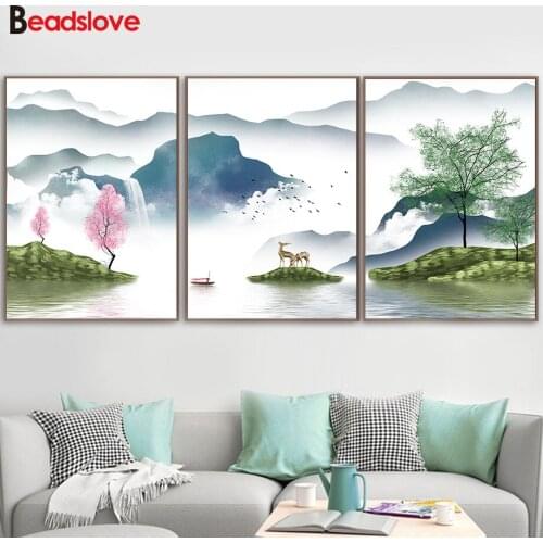 3 piece Foggy Mountain Deer Animal Lake Forest Seascape diamond painting full square/round mosaic set new diamond embroidery