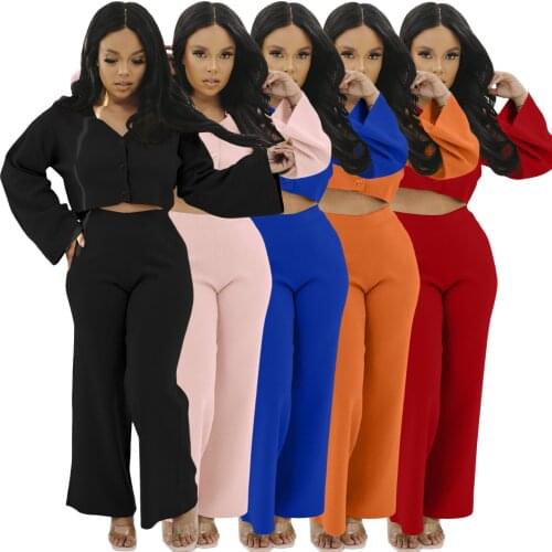 51F124European and American womens loose two piece leisure home suit wide leg pants loose sleeve suit two piece set