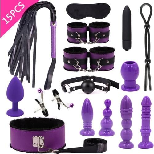 Adult Games 7/8/11/15pcs BDSM Bondage Kits Handcuffs Whip Collar Nipple Clamps Whip Anal Plug Vibrator Butt Plug SM Sex Toys