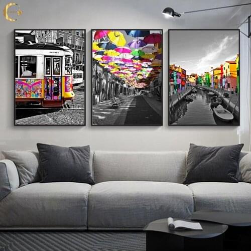 Abstract Colorful Building Bus Umbrella Canvas Painting Posters and Prints Wall Art Pictures for Living Room Picture Home Decor