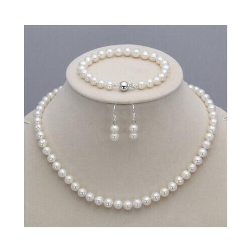 Free Shipping Real Natural White 8-9mm Freshwater Pearl Necklace 17" Bracelet 8" Earring Set