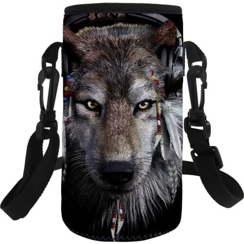 New Fashion Cool Wolf Pattern Neoprene Water Bottle Cover Shoulder Strap Carrier Holders Portable Sport Water Bottle Bag Sleeve