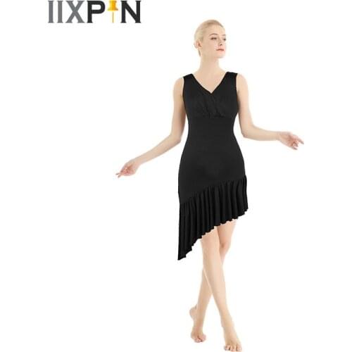 Women Latin Dance Dress Sleeveless V-neck Ruffled Asymmetric Latin Rumba Dance Dress Stage Costume Women lyrical dance costumes