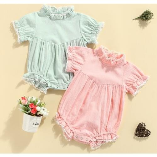 2021 Fashion Baby Girls Summer Bodysuits Lace Trim Stand Neck Short Sleeves Jumpsuit for Toddlers Girls Clothing 0-24 Months